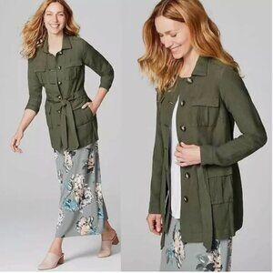 J.Jill Caraway Linen Blend Olive Pockets Utility Cargo Safari Jacket Size LP